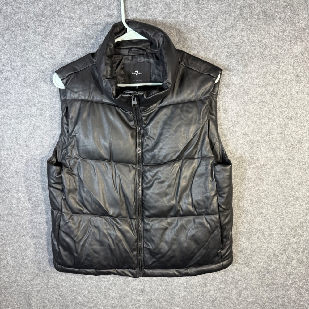 7 For All Mankind Womens Black Faux Leather‎ Puffer Vest Collar Zip Up Size S